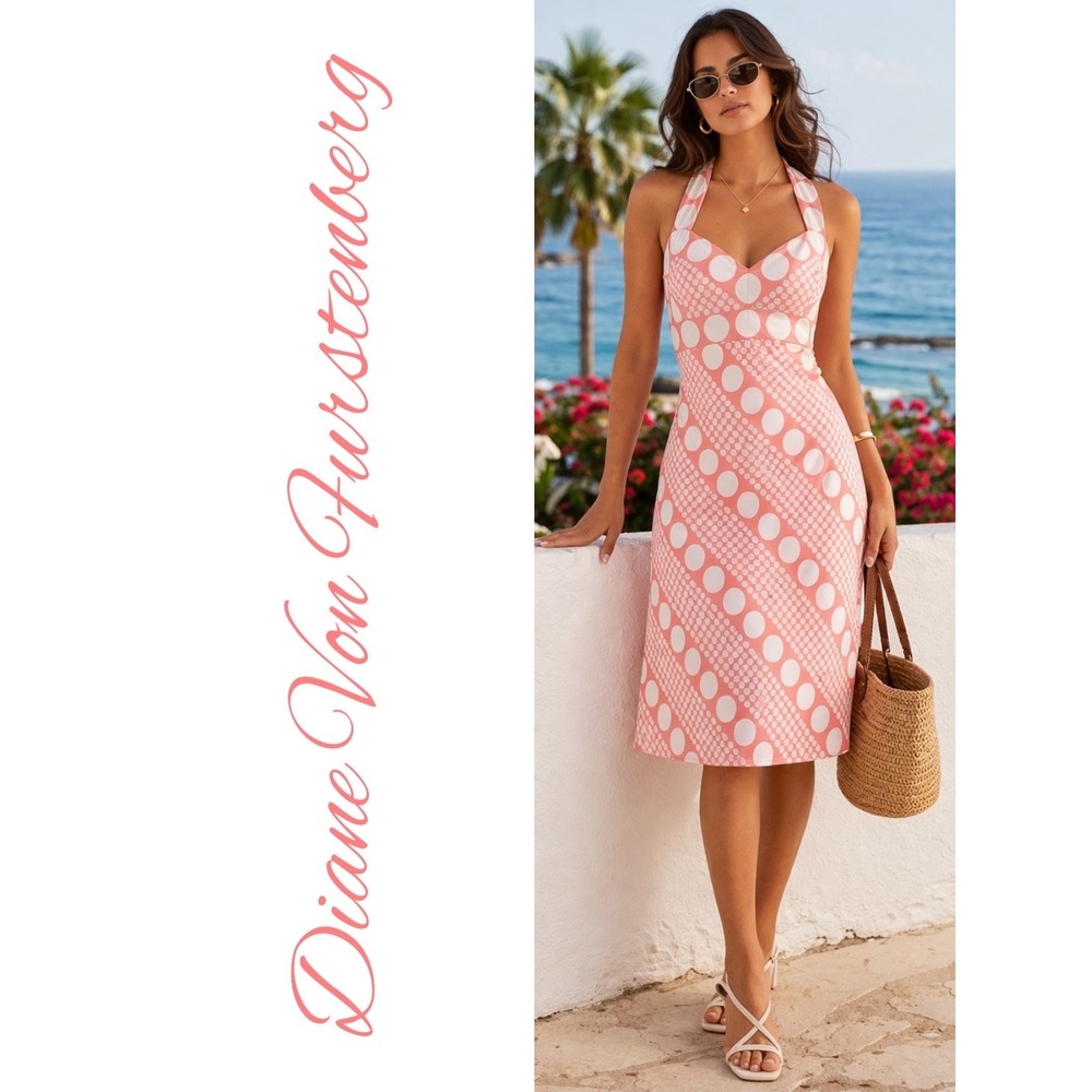 Diane von Furstenberg Silk Halter Dress Pink Polka Dot A-Line Size 10 Resort